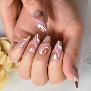 Artificial False Nails Mixed Colors Waved Line Glossy Press on Nails for Women Girls