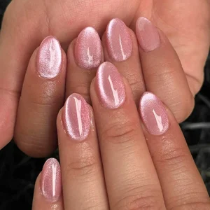 Artificial Fingernails Minimalist Solid Pink Cat Eye Glitter Press on Nails Short Almond Shape Nail Tips Nail Art