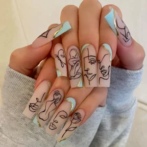 Artistic Portrait and Rose Nails Long Coffin with Black Line Drawings Unique Nude and Blue Nails for Statement Looks Nail Supplies