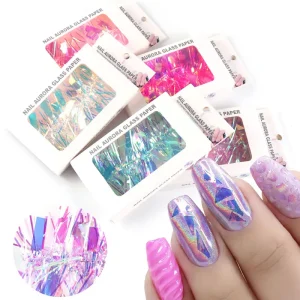 Aurora Glass Film Paper Foil Decals 3D Laser Strip Nail Decoration Nail Art Broken Glass Holographic Paper Sticker