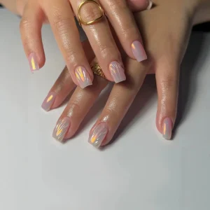 Aurora Press on Nails Nude Pink Jelly False Nails with 3D Shell Texture Glossy Medium Square False Nails for Women
