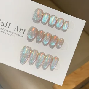 Aurora Super Flash Cat Eye Pure Handmade Press On Nails 10Pcs Almond Square Shape French Style Reusable False Nails