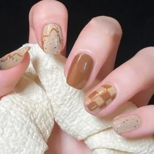 Autumn Coffee Checkerboard Waterproof Removable Acrylic False Artificial Press on Nails
