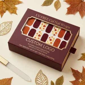 Autumn Leaves UV Free Non Toxic Hema Free Glitter Gel Nail Strips Maple Red Caramel Salon Quality Self Adhesive Double Cured