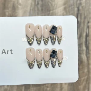 Autumn Luxury Elegant Blue French Champagne Gentle Nude Acrylic High Quality Handmade Press on Nails