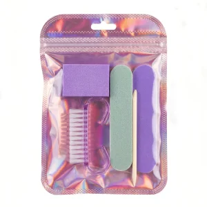 BIN Custom Logo Manicure Kit Mini Nail Buffer Wood Stick Nail File Nail Dust Brush 5 in 1 Nail File Set with Bag Package