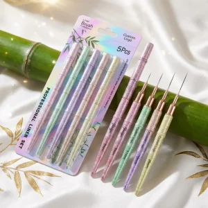 Bamboo Style Metal Handle Nylon Hair Liner Brush 5 Pcs Nail Brush Set Striping Tool For Precision Line Art