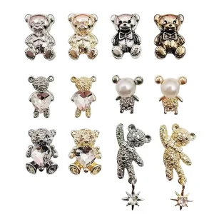 Batch Flat Back 3D Rhinestone Teddy Bear Nail Accessories Made of Gold Silver Alloy Material Cute Nail Accessories