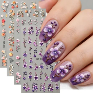 Beauty Products Custom 5D Embossed Nail Stickers Cute Flower Feature Art DIY Self-Adhesive Nail Decals Manicure Decoration