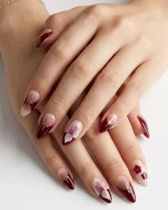 Beige Pink ABS Almond Press on Nails Burgundy Abstract Line with Flower and Gold Star Charms Fashion False Nails