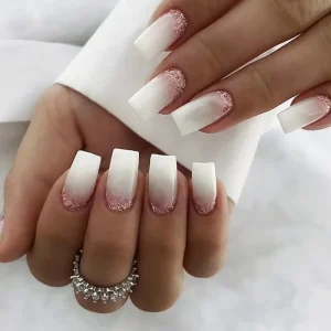 Best Quality Acrylic Press on Coffin Nails False Nail White Pink Glitter Gradient Bling Salon Business