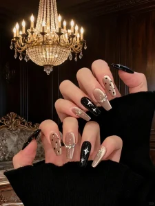 Black Nude Almond Press on Nails Star Rhinestone Design Handmade False Nails Artificial Nails for Women