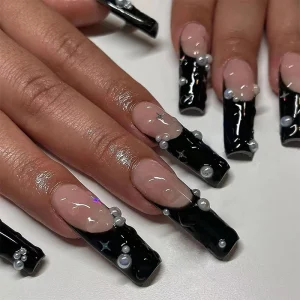 Black Pearl Long Coffin French Removable Acrylic High Quality False Artificial Tips Art Press on Nails