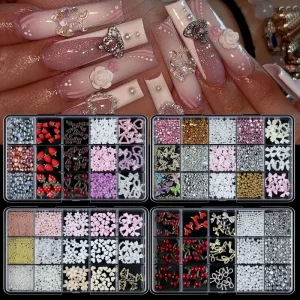 Bling Bling 15 Grids Box Mixed Bowknot Pearl Heart 3D Resin Flatback Nail Charms Rhinestones Flower Cherry Plastic Box