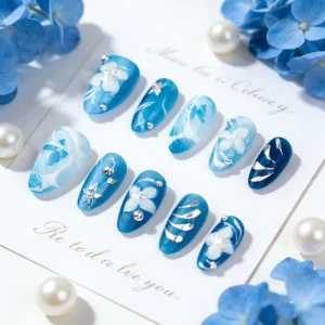 Blue Ocean Gold plated Almond Shaped Pre designed Press on Nails 3D Flowers Handmade Long lasting Nails