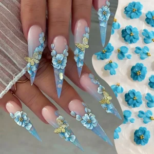 Blue Resin Flower Nail Art Decorations 3D Floral Embellishments with Beads Suitable for Nail Art Decorations