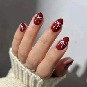 Bow Valentine Red Minimalist Acrylic False Artificial Tips Art Press on Nails