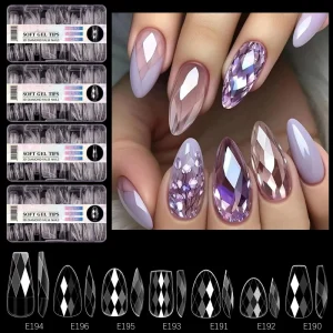 Box 140pcs Flexible ABS 3D Diamond False Nail Extensions Natural Almond Design Traceless Transparent Thin Finger Nail Art Salon
