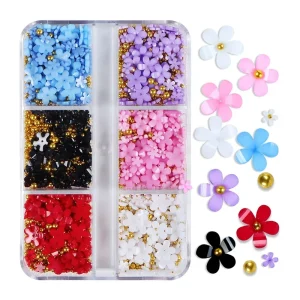 Boxed Shiny 5D DIY Cute Sweet Five-Petal Flower Nail Art Decorations Mixed Size Colorful Resin with Pearl Bead Accessories
