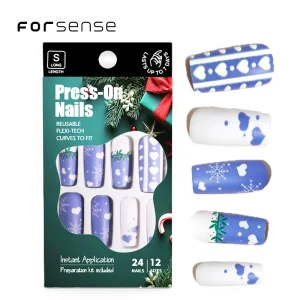 Bulk Supply 24 Pcs Long square Press on Nails in Box Custom Matte Blue White False Nails with Design Fake Nails Vendor
