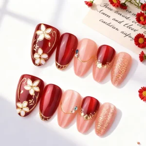 Burgundy Gold Foil Press Almond Hand Painted Floral Glitter Glossy Red French Tip False Nails Finger Eco friendly Reusable