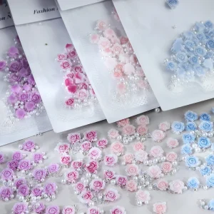 Carved Gradient Rose Nail Art Decoration Resin Pearls Flower Valentine’s Day Press on Nails