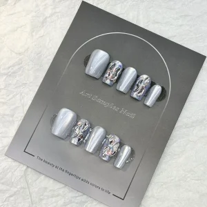 Casual Silver Metallic Short Luxury Stiletto Square Coffin Press Nails Acrylic Nail Art Salon Glue Adhesive Tabs