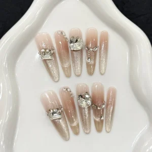 Cat’s Eye Rhinestone Luxury 10pcs Handmade Acrylic Fingernails False Nails French Style Designer Press on Nails