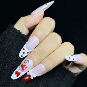 Cherry Bow Pearl Rose Press on Nails 3D Sculpted Glitter Ombre Long Tips Stiletto Coffin Square ABS Finger Handmade False Nails