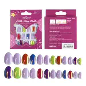 Children’s ABS Wearable Nail Armor with Self Adhesive Finger Nail Tips Full Cover Pre designed Pointed Almond Shape 24 Pieces