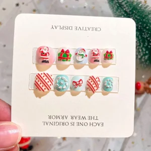 Children’s Fashionable Embossed Press On Nail Tips Small Size ABS Artificial Fingernails for Christmas Wearable