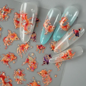 Chinese Style Goldfish Colorful Luster Spring Beach Fishtail 3D Nail Stickers for Nail Art Salon