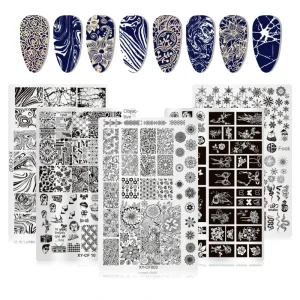 Chinese and French Style Nail Stamping Plates with Mother Pearl All Floral Checkered Fireworks Patterns Nail Transfer Molds