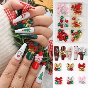 Christmas 3D Metal Nail Charms Bow Ring Snowflakes Colorful Japanese Style Flatback Nail Art Accessories