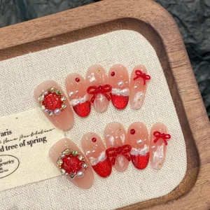 Christmas Design Handmade Press on Nails 10pcs Medium Almonds Red Cat’s Eye ABS False Nails Long lasting with Glue for Fingers