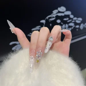 Christmas Elegant Nude Pearl Bling Snowflake Acrylic Handmade Press on Nails