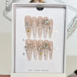 Christmas Elegant Nude Pearl Crushed Snowflake Tips Acrylic Handmade Press on Nails