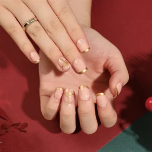 Christmas French Gold Line Bow Acrylic High Quality False Artificial Tips Art Press on Nails