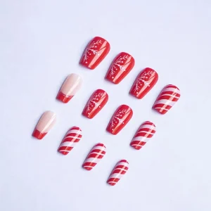 Christmas Press Nails Coffin Shape Full Cover Eco friendly Reusable Candy Cane Striped Design Vibrant Red Snowflake