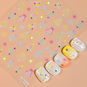 Christmas Tree 5D Relief Nail Stickers Colorful Embossed Designs with Stars & Festive Decorations
