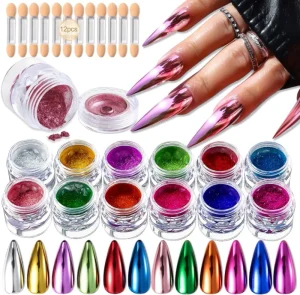 Chrome Nail Powder Kit 12 Colors Holographic Metallic Mirror Effect Chrome Pigment Glitter Dust for Nail Art Gel Polish
