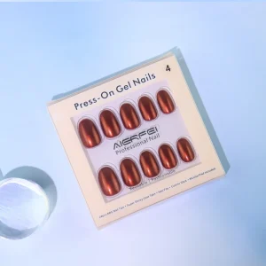 Chrome Press on Nail Metallic Red Fake Nails Oval Shape 24 Pcs False Nails