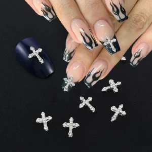 Classic Glitter Nail Art Rhinestones Cross 3D Silver Gold Cross Nail Charms Punk Nail Art Decor Luxury Glitter Alloy Cross