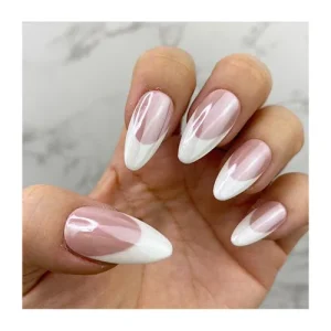 Classic Trendy Popular Almond Chrome Fake Nails Press on Transparent Shiny White French Tip Press on Nails