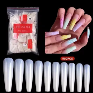 Clear Natural C Curve Ballet Long Press On Fingernails 500 Pieces Coffin Style Full Paste French Application Artificial Nails