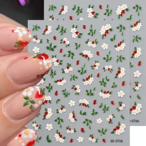 Colored Floral Plant 5D Dried Flower Red Strawberry Nail Art Sticker French Shiny Self Adhesive Decoration Manicure Decal