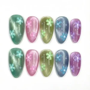 Colorful 3D Flower Star Handmade Press on Nails Almond Shape Eye Metallic Hand Painted False Reusable for Women
