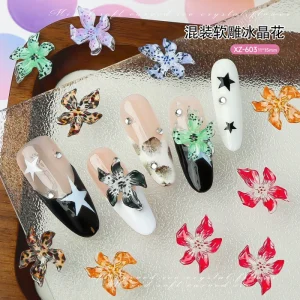 Colorful 3D Nail Charms Flowers in Bulk Carved Ice Lily Jelly Nail Art DIY Decoration Soft Resin Plastic Soft Flower Nail Charms