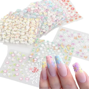 Colorful Butterfly and Flower Nail Stickers with Pink White Gradient Blossoms and Rhinestones Self-Adhesive Nail Art Decals