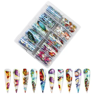 Colorful Floral Butterfly 2D Plastic Non Toxic Nail Foils Decal Sticker Transfer with 10 Colors for Nail Art